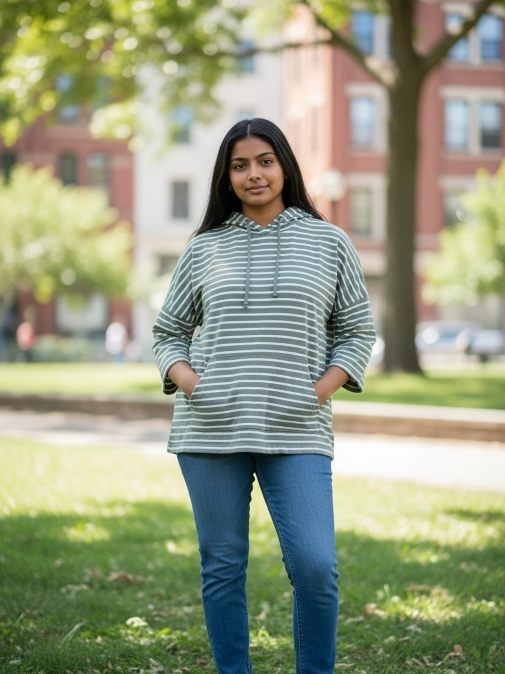 Striped Hooded Pullover - Olive Green & White
